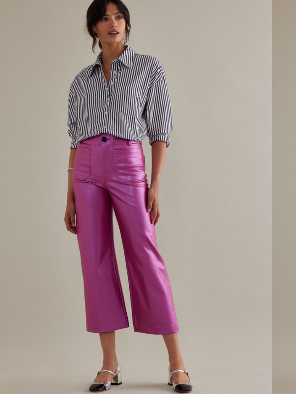 Anthropologie Maeve The Collette Wide Leg Vegan Leather Pants Iridescent Pink 32